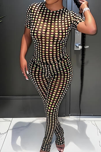 Sexy slight stretch colorful polka dot printed mesh slim pants set