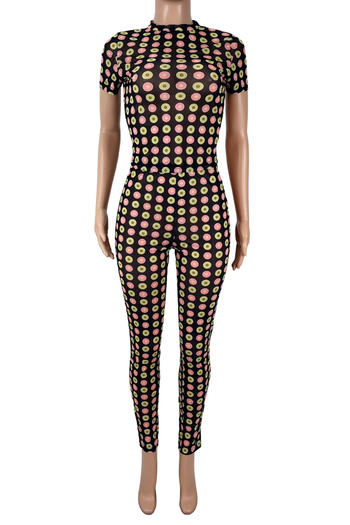 Sexy slight stretch colorful polka dot printed mesh slim pants set