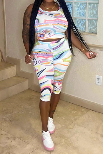 casual plus size slight stretch colorful print slim vest cropped pants set