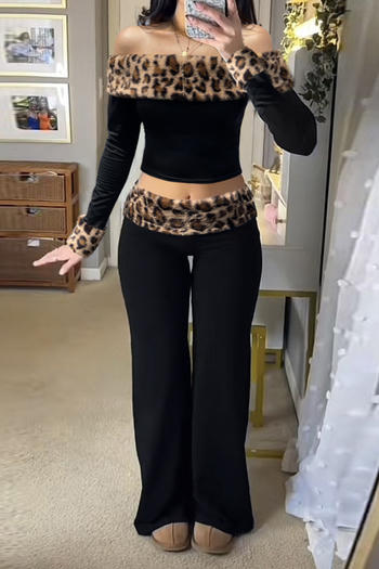 casual slight stretch one-shoulder leopard print fuzzy slim low waist pants set