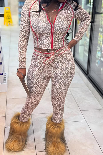 stylish slight stretch leopard printing zip-up top & tight pants set