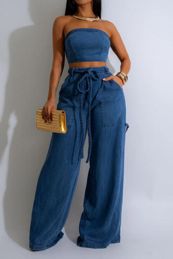 casual plus size non-stretch denim crop tube top high waist wide leg pants set