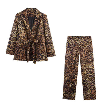 casual non-stretch leopard printing with belt suit collar pants sets