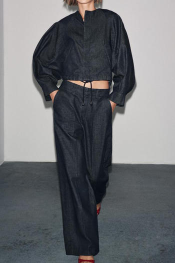 casual non-stretch denim solid color crew neck drawstring pants sets