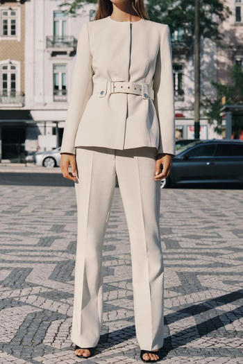 casual non-stretch solid color crew neck with belt pants sets