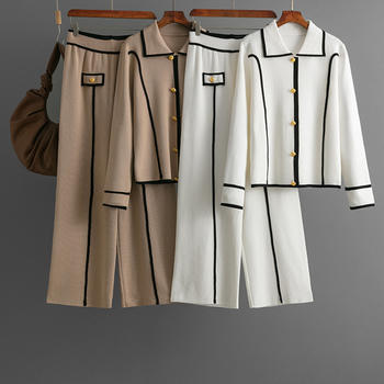 casual stretch knitted striped single-breasted cardigan high waist pants set