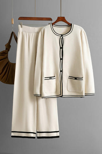 casual slight stretch striped knitted cardigan sweater wide-leg pants set