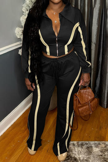 casual plus size slight stretch contrast color zip-up top straight pants set