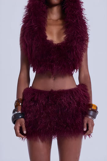 sexy slight stretch faux fur pure colour hooded vest & mini skirt set