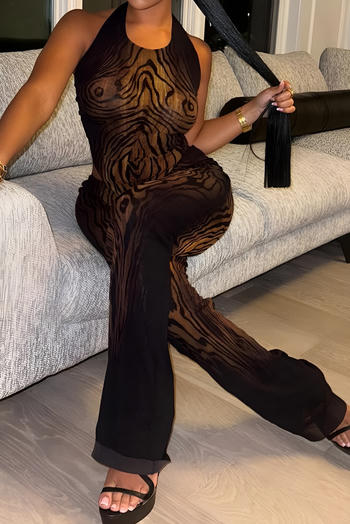 stylish slight stretch stripe print mesh stitching halter-neck vest & pants set