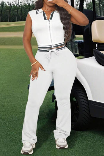 stylish slight stretch color-block turndown collar vest & straight pants set