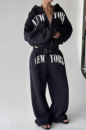 casual slight stretch letter printing hooded zip-up sweatshirt & pants set