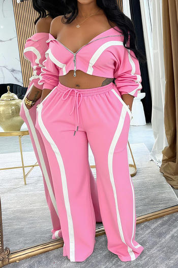 casual plus size slight stretch 6-colors contrast color striped pants set