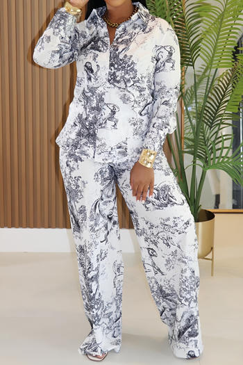 casual plus size non-stretch graphic printing long sleeve blouse & pants set