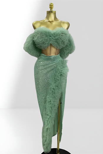 sexy non-stretch pleated mesh crop lace-up vest sequins slit maxi skirt set