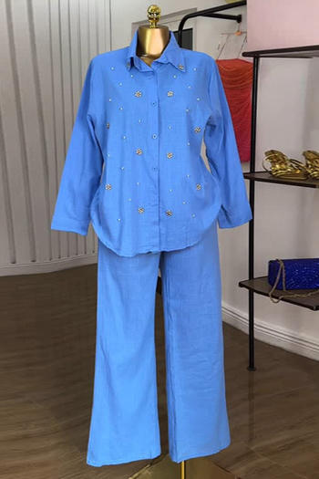 casual plus size non-stretch solid color pearls decor loose shirt pants set