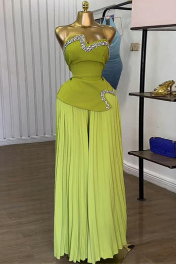 casual plus size non-stretch rhinestone decor vest pleated wide-leg pants set