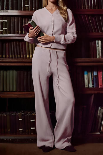 stylish slight stretch v-neck single-breasted top & wide-leg pants set