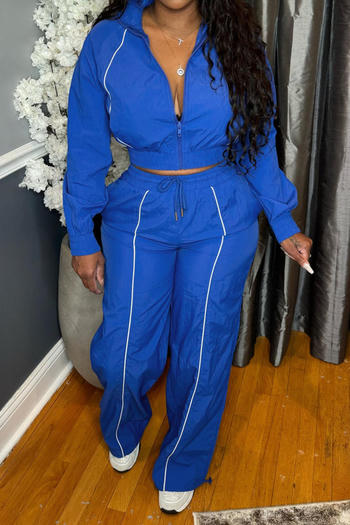 casual plus size non-stretch contrast color line top drawstring pants set