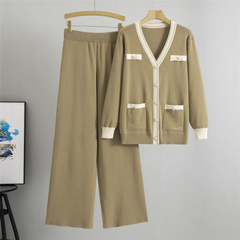 casual slight stretch contrast color cardigan sweater knitted wide-leg pants set
