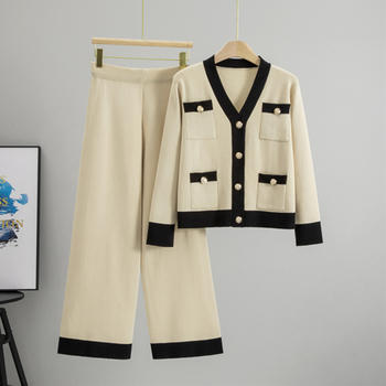 casual slight stretch contrast color multiple pockets cardigan pants set