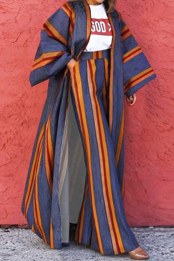 casual plus size non-stretch striped print outerwear high waist pants set