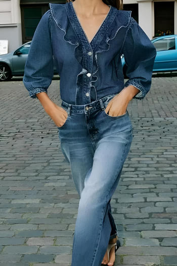 casual non-stretch denim ruffle decor v-neck with belt pants sets