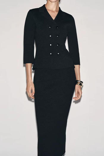 casual slight stretch solid color suit collar midi skirt sets