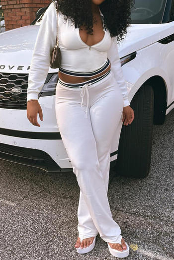 casual plus size slight stretch striped contrast color half-zip top pants set