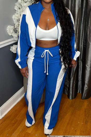 casual plus size non-stretch contrast color striped zip-up outerwear pants set