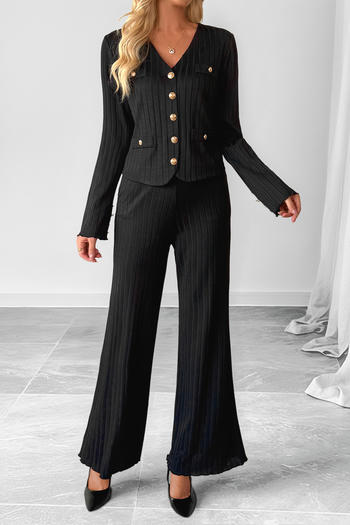 casual slight stretch knitted pure colour v-neck sweater & pants set