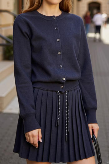 casual slight stretch solid color knitted cardigan pleated mini skirt set