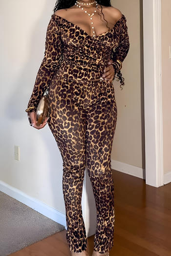 stylish slight stretch leopard printing v-neck long sleeve top & pants set
