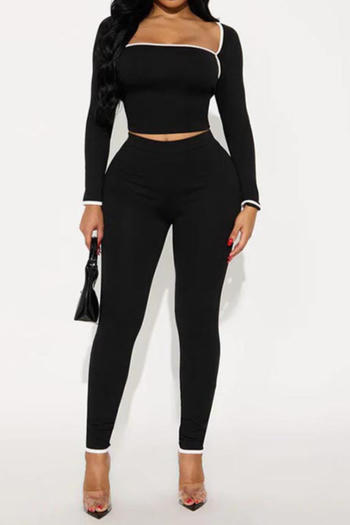 stylish slight stretch color-block square collar crop top & pants set