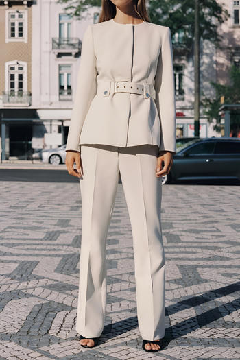 xs-l stylish non-stretch with belt outerwear & pants set(size run small)