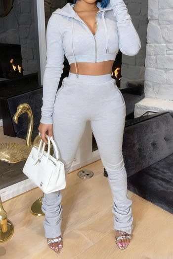 casual plus size slight stretch solid color slim crop top high waist pants set