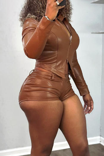 casual plus size new non-stretch 5 colors solid color slim pu shorts set