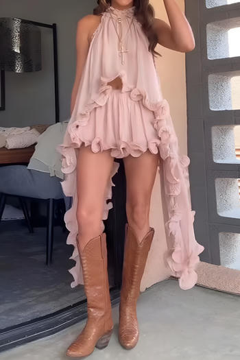 sexy non-stretch solid color ruffle decor mini skirt sets