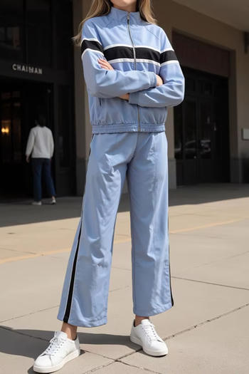 casual non-stretch contrast color lapel zip-up pants sets