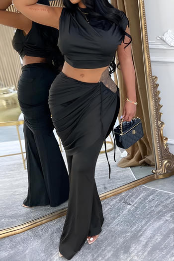 casual plus size slight stretch solid color pleated crop top and pants set