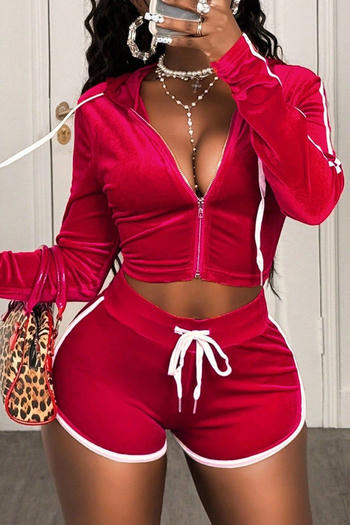 casual slight stretch velvet slim fit zip-up hooded top and shorts set