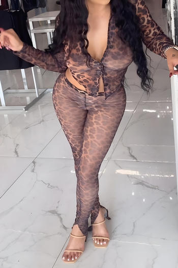 sexy plus size slight stretch see-through mesh leopard print slim fit pants set