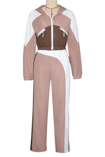 Casual plus size slight stretch contrast color hooded top straight pants set
