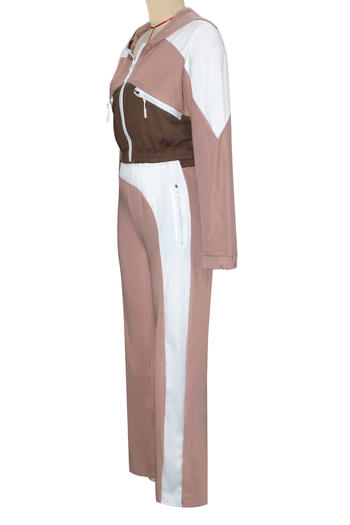 Casual plus size slight stretch contrast color hooded top straight pants set