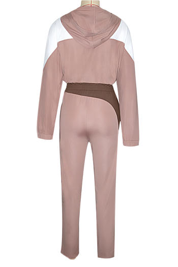 Casual plus size slight stretch contrast color hooded top straight pants set