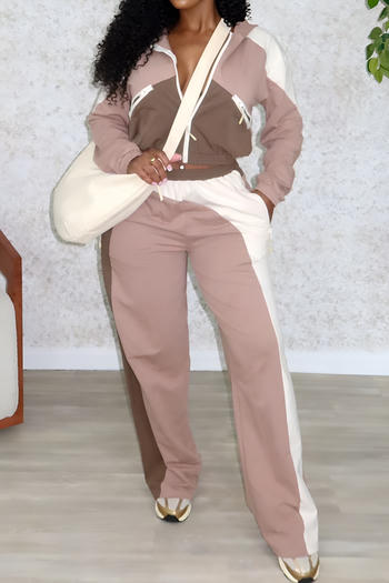 Casual plus size slight stretch contrast color hooded top straight pants set