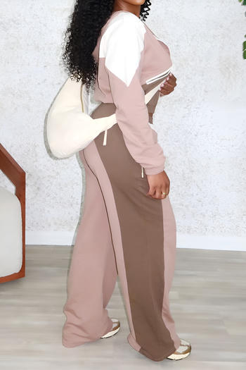 Casual plus size slight stretch contrast color hooded top straight pants set