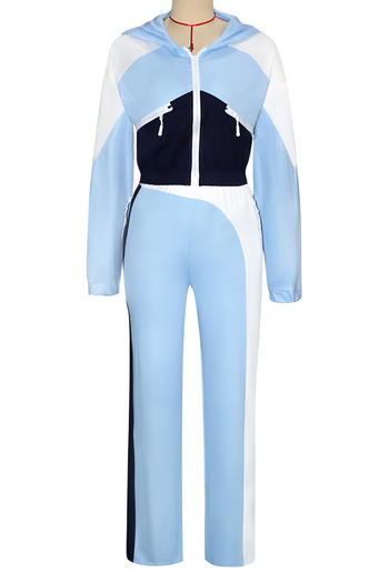Casual plus size slight stretch contrast color hooded top straight pants set