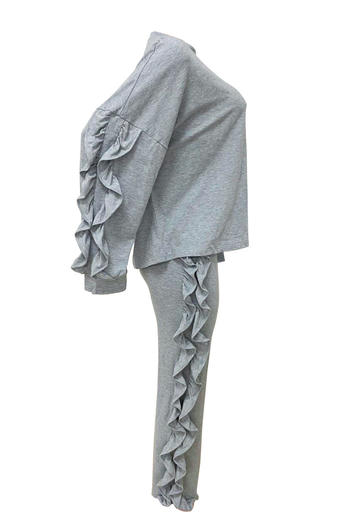 Casual plus size slight stretch solid color stringy selvedge decor pants set