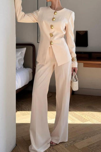 casual non-stretch solid color single-breasted top and wide-leg pants set
